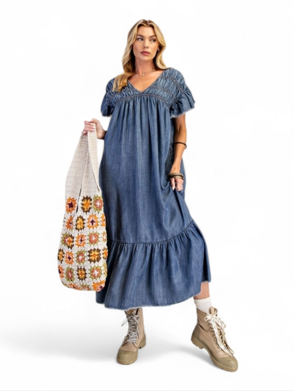 Easel Washed Denim Short Sleeve Long Jean Dress